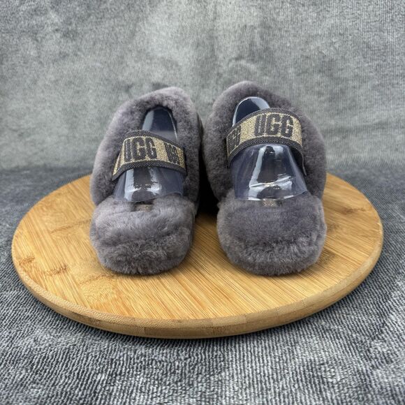 UGG Fluff Yeah Slide Shoes Youth Size 5 Gray Fuzzy Slingback Slippers 1116492K - Picture 5 of 9